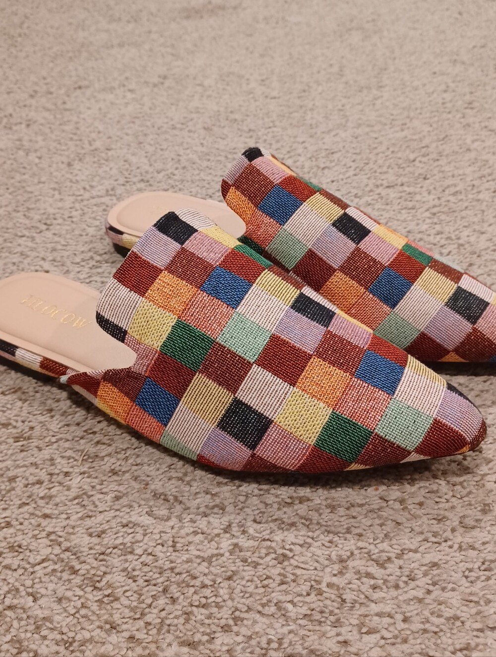 Tilocow pointed toe backless loafers W/ multi-colored woven checkered Size 7.5